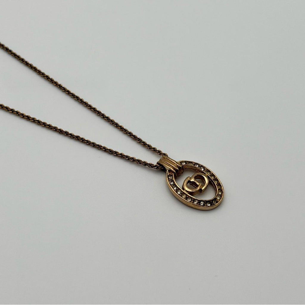Christian Dior Gold CD Logo Oval Rhinestone Necklace