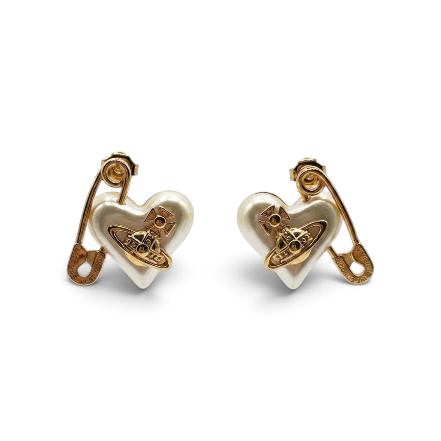 Vivienne Westwood Orietta Pearl Heart Safety Pin Stud Earrings – Gold