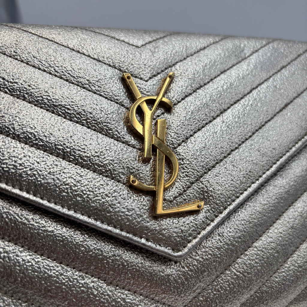 Saint Laurent Metallic Gold Matelassé Chevron Monogram Chain Wallet