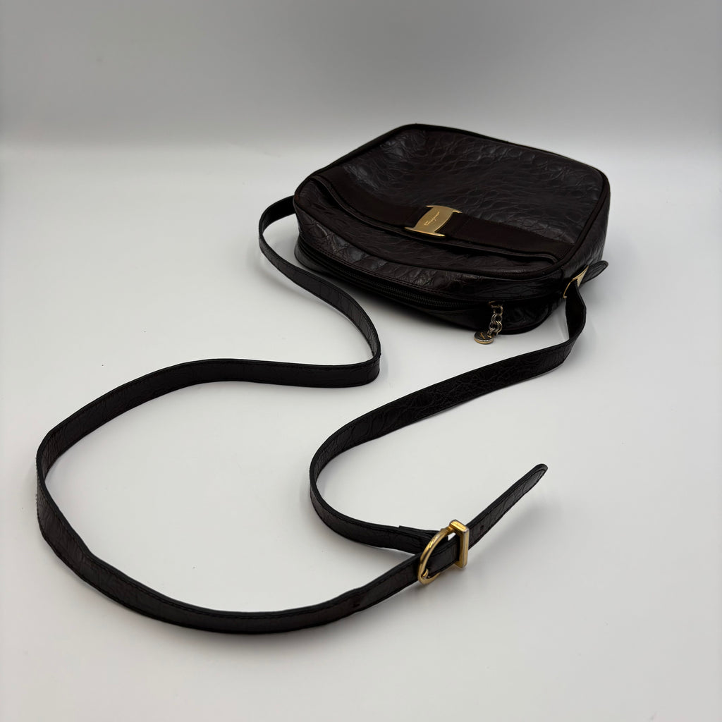 Salvatore Ferragamo Vara Croc-Embossed Leather Crossbody Bag in Dark Brown