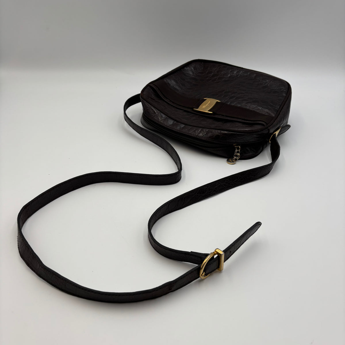 Salvatore Ferragamo Vara Croc-Embossed Leather Crossbody Bag in Dark Brown