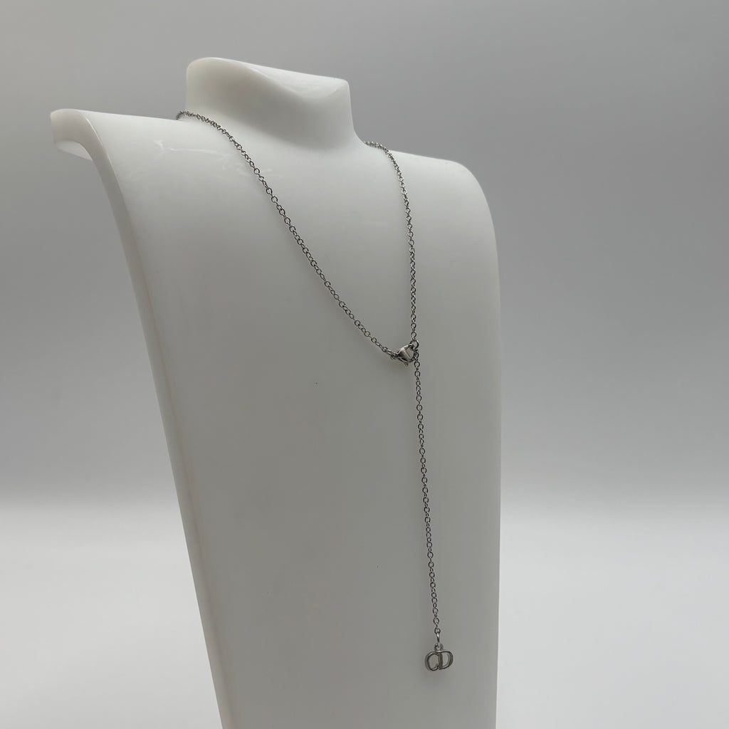 Christian Dior Pink Heart Crystal D Charm Necklace in Silver Tone 2000s