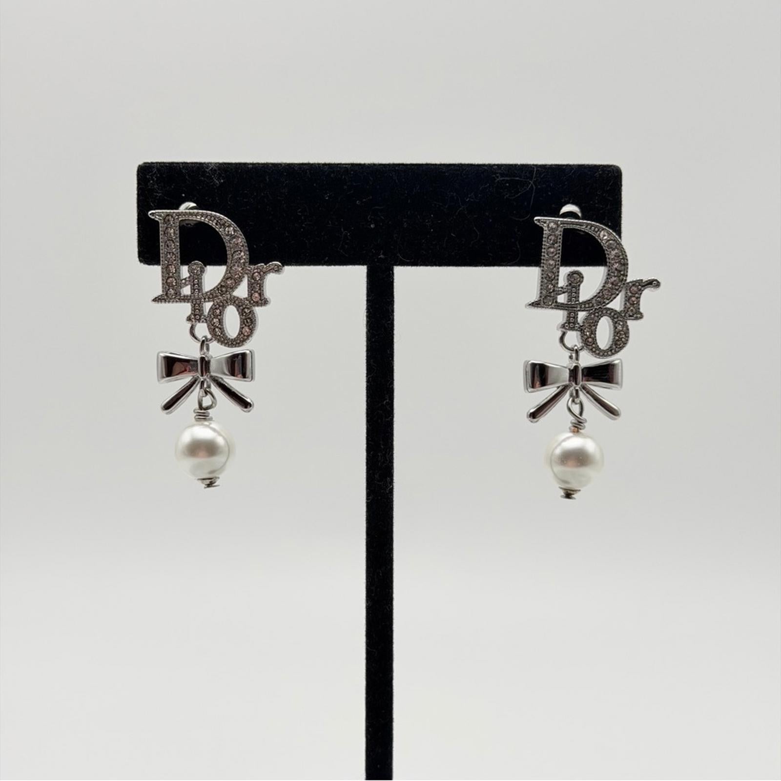 Christian Dior Logo Pearl Bow Drop Earrings Silver Tone