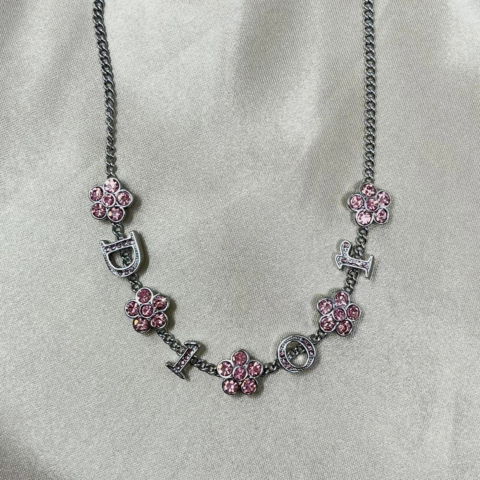 Christian Dior Crystal Floral Logo Charm Silver Chain Necklace