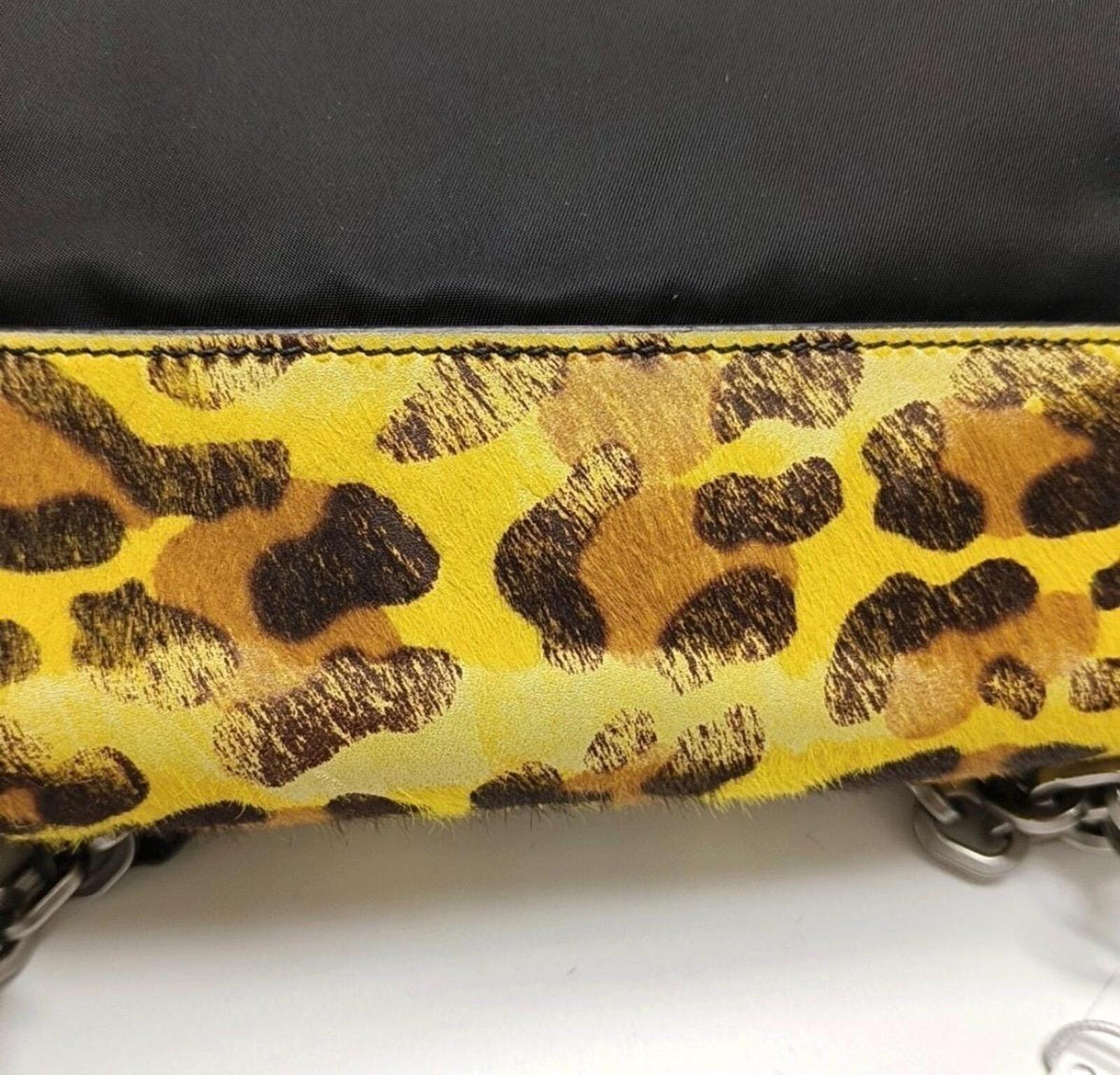 Prada Cahier Leopard Calf Hair Chain Shoulder BagYellowBlack