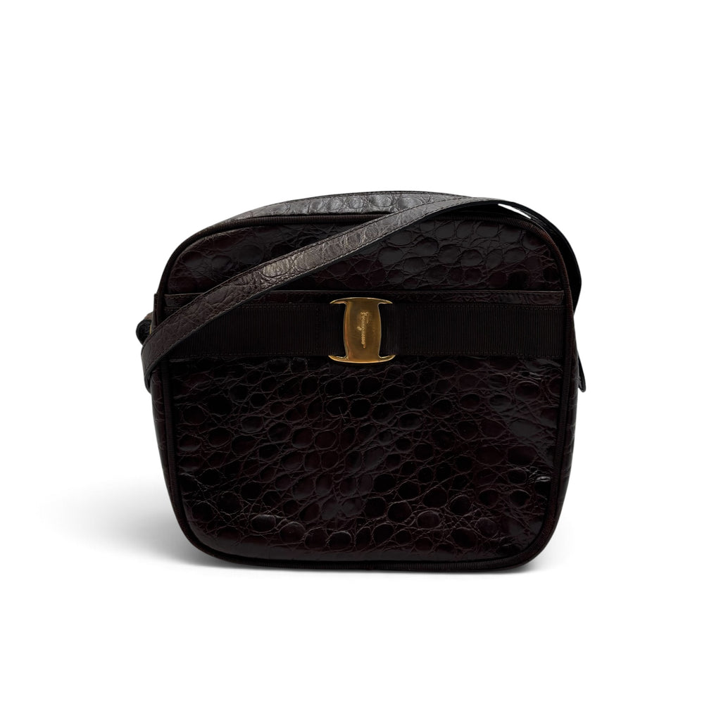 Salvatore Ferragamo Vara Croc-Embossed Leather Crossbody Bag in Dark Brown