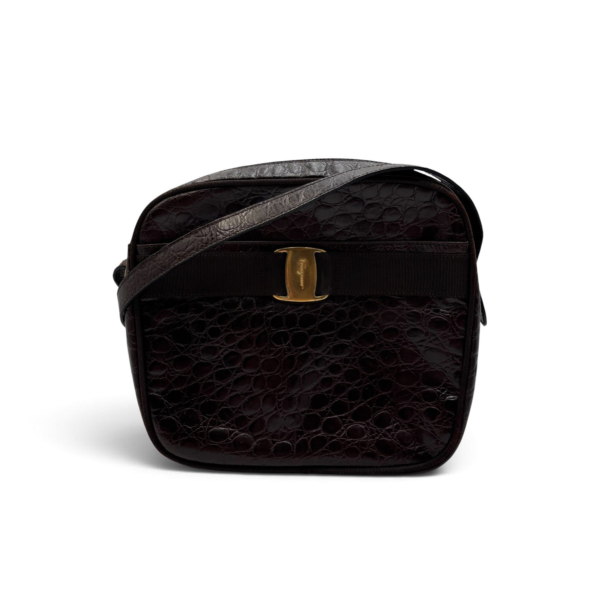 Salvatore Ferragamo Vara Croc-Embossed Leather Crossbody Bag in Dark Brown
