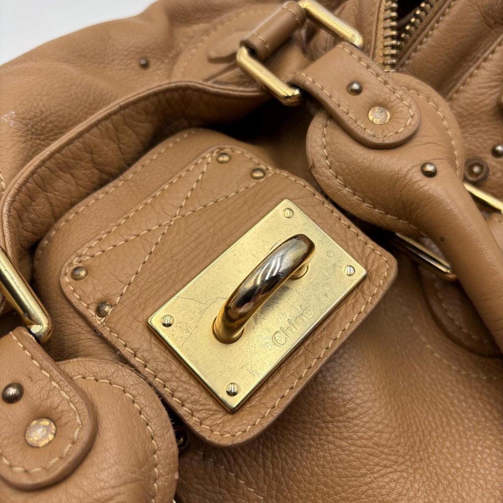 Chloé Paddington Medium Satchel Bag Tan Brown Pebbled Leather Gold Hardware