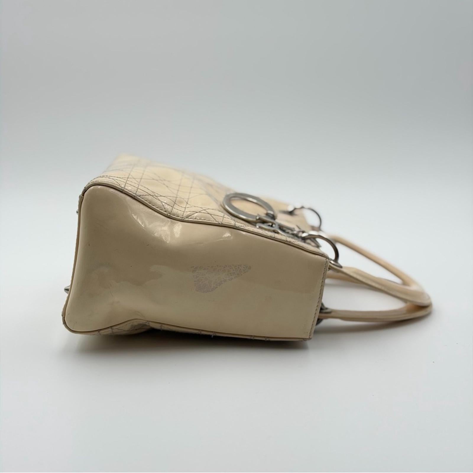 CHRISTIAN DIOR LADY DIOR PATENT LEATHER BAG BEIGE / NUDE SILVER HARDWARE