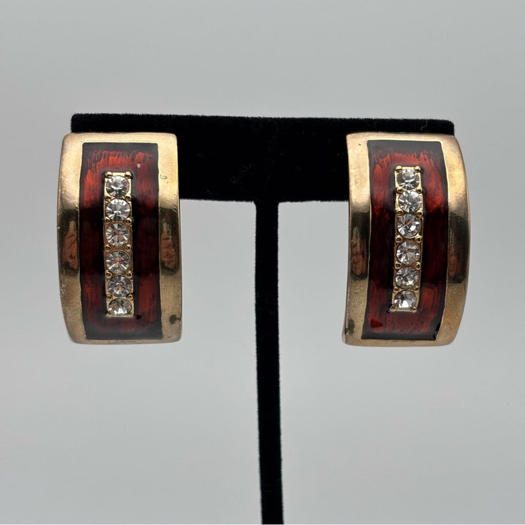 Vintage Gold-Tone Enamel Rhinestone Clip-On Earrings