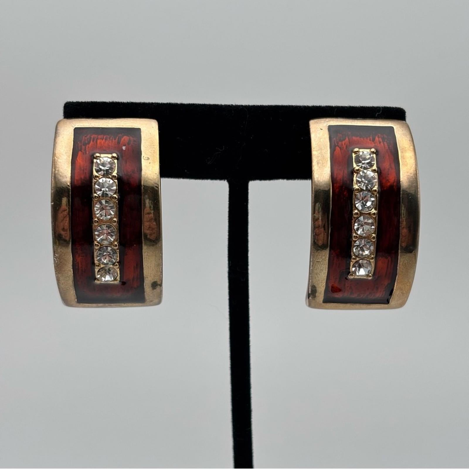 Vintage Gold-Tone Enamel Rhinestone Clip-On Earrings