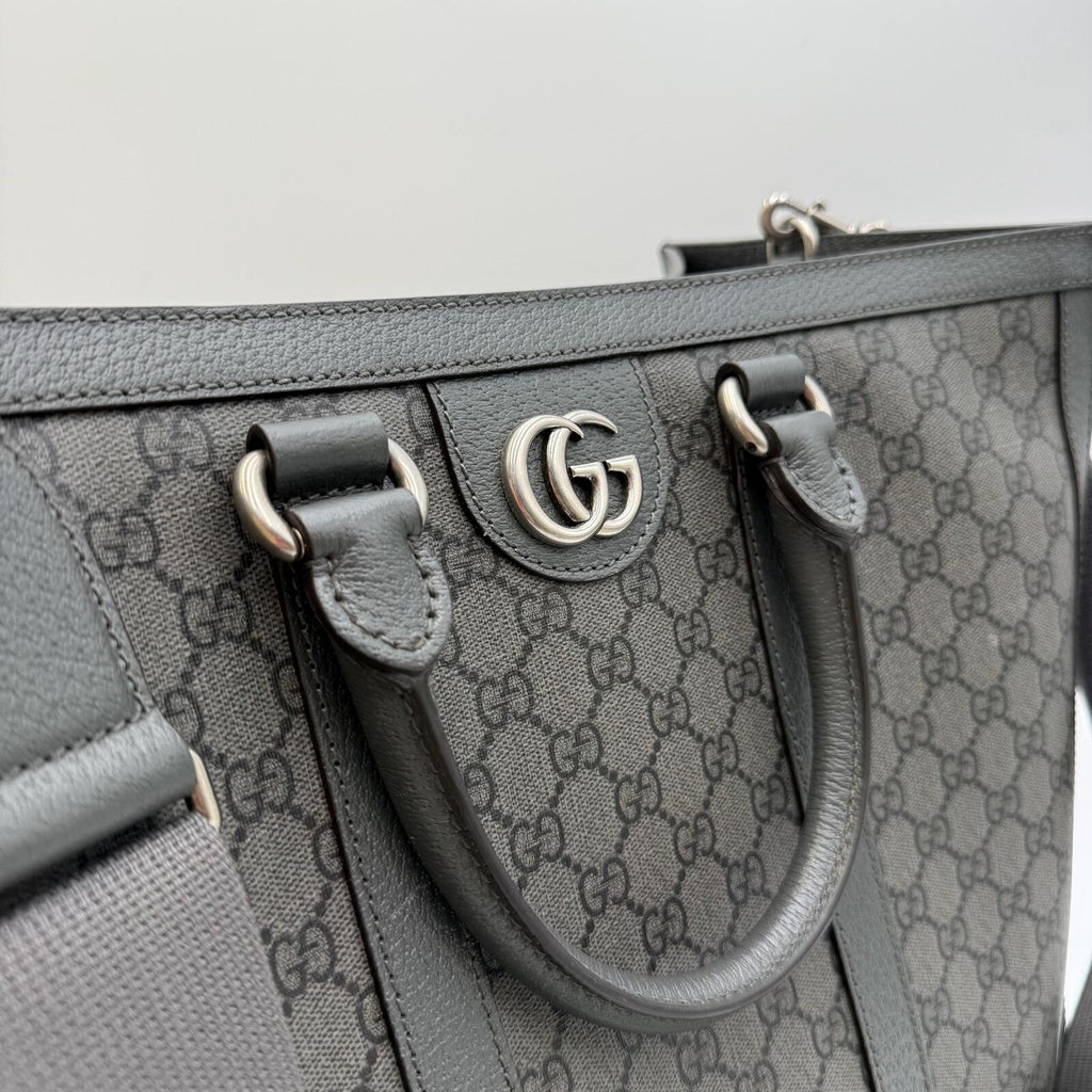 Gucci GG Supreme Monogram Tote Bag With Web Strap Gray Black