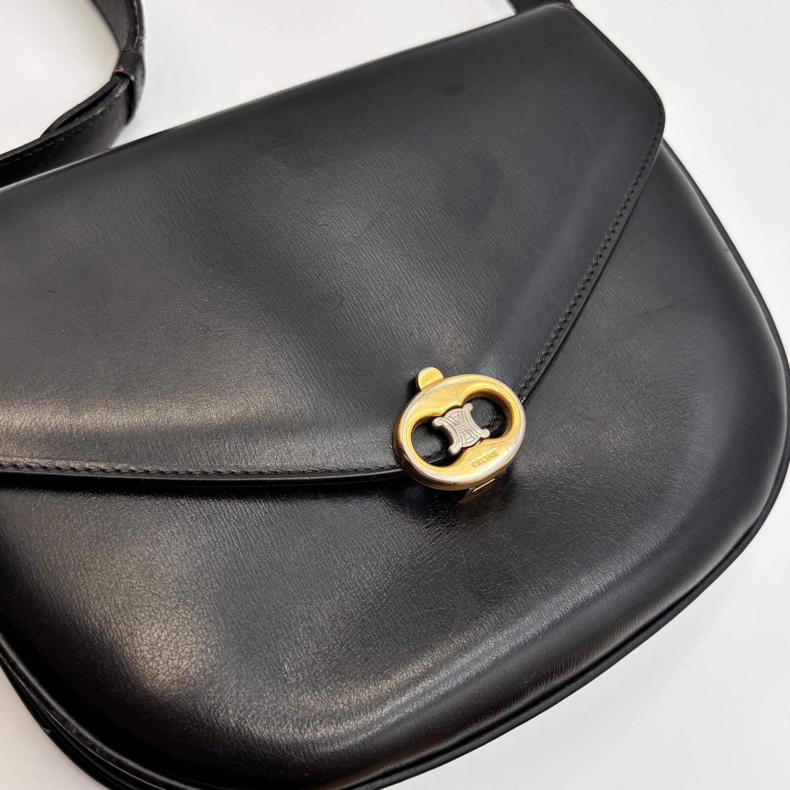 Celine Vintage Black Leather Triomphe Shoulder Bag