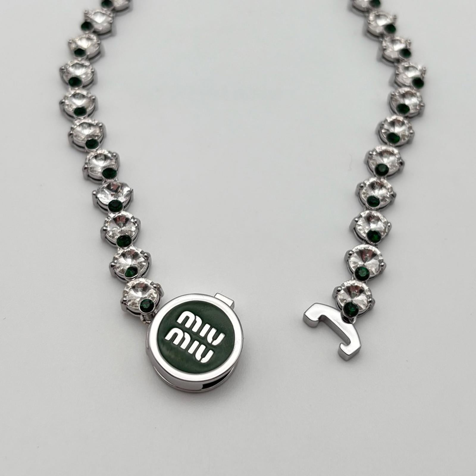 Miu Miu Crystal Tennis Necklace With Green Logo Pendant