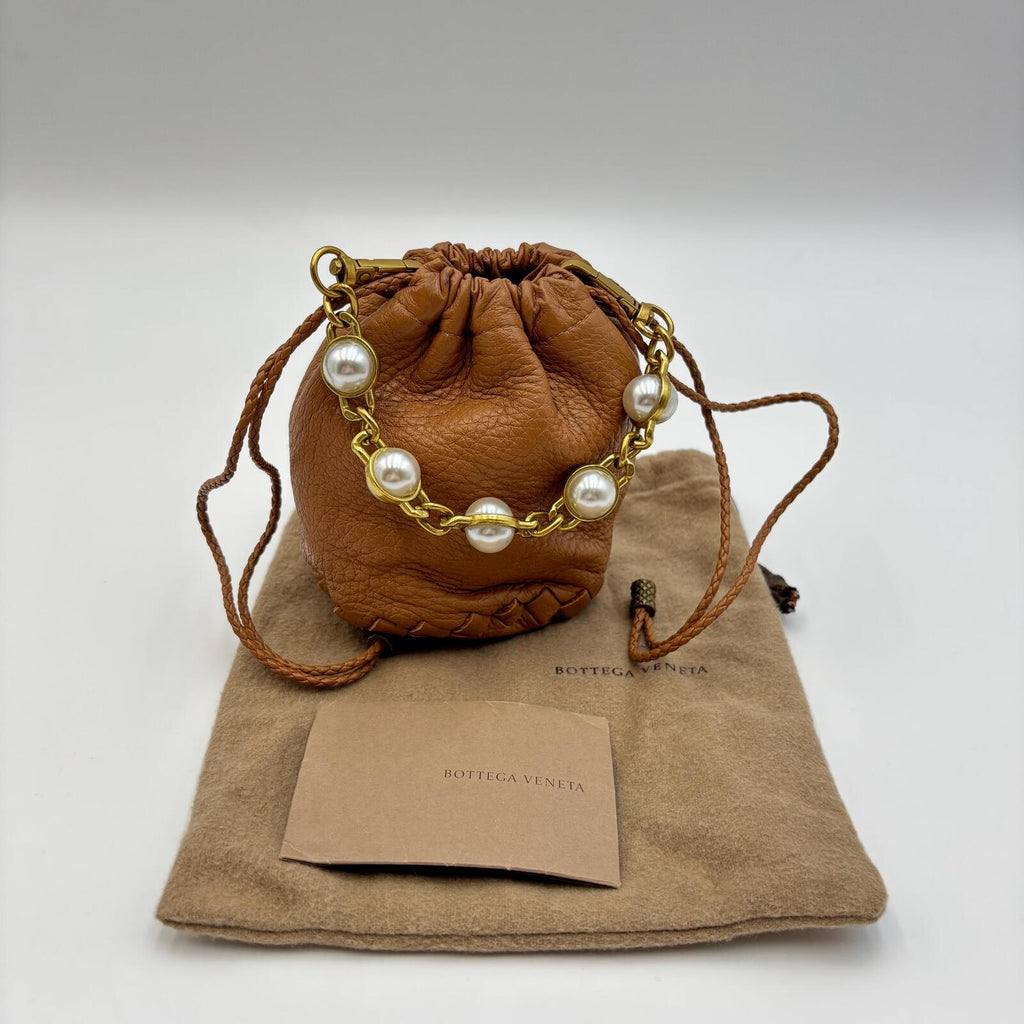 Bottega Veneta Mini Pearl Chain Bucket Bag Brown Leather With Dust Bag