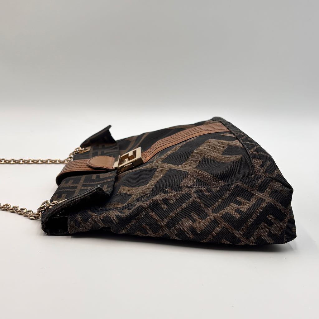 Fendi Zucca FF Canvas Shoulder Bag Brown Gold Hardware