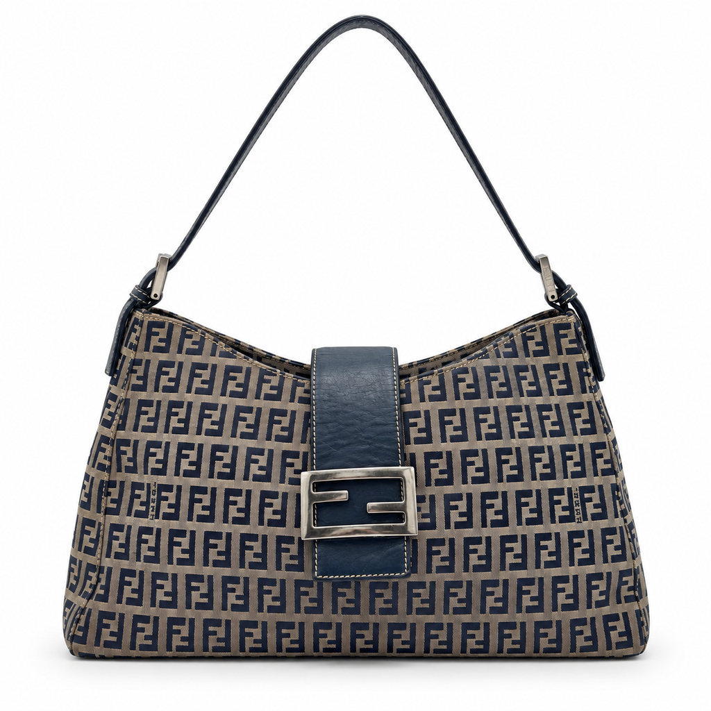 Fendi Zucca FF Monogram Canvas Shoulder Bag in Navy Blue 2000s