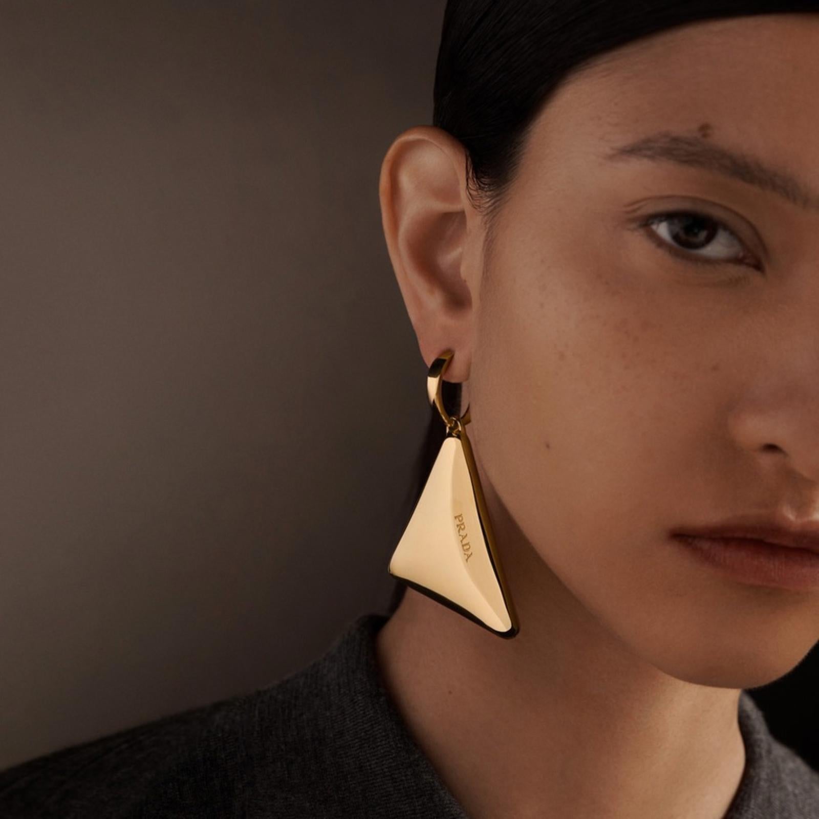 PRADA SYMBOL TRIANGLE EARRINGS 925 STERLING SILVER GOLD PLATED