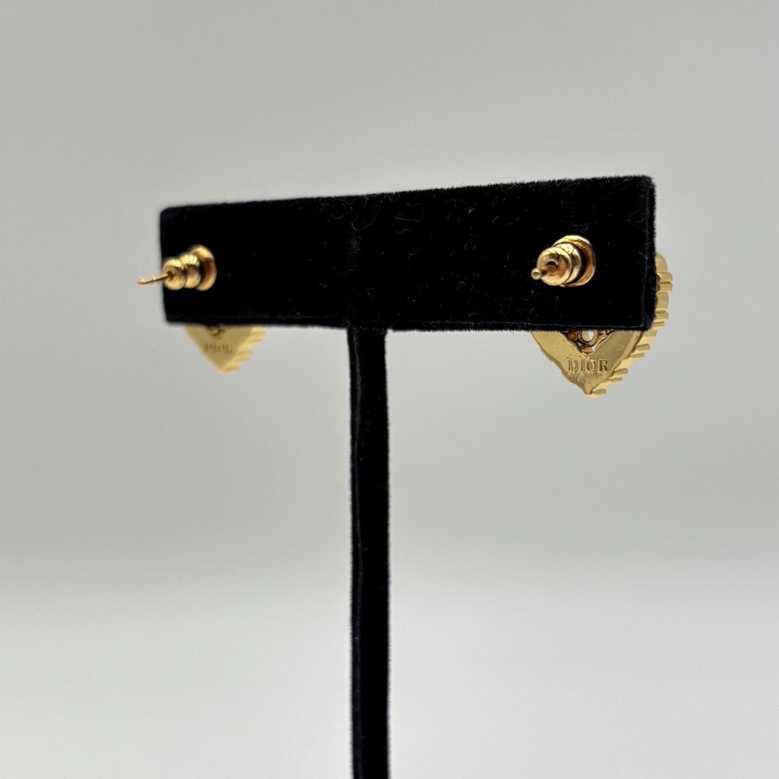 Dior Crystal Heart Logo Earrings Gold Tone CD Vintage Studs