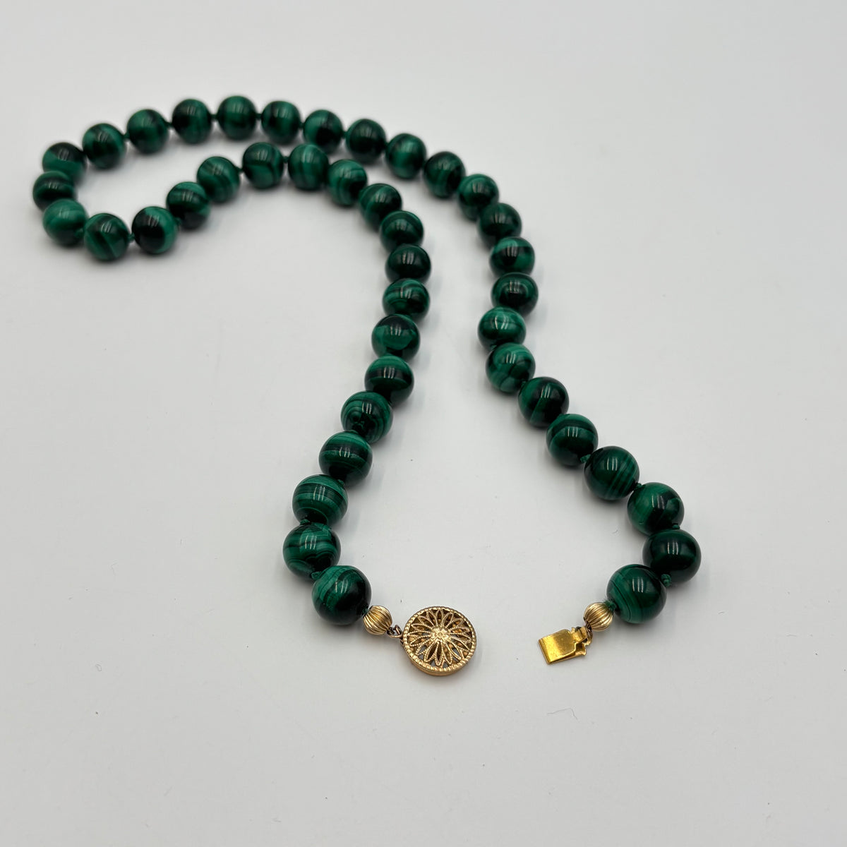 Vintage Natural Malachite Beaded Necklace with 14K Gold-Filled Filigree Clasp