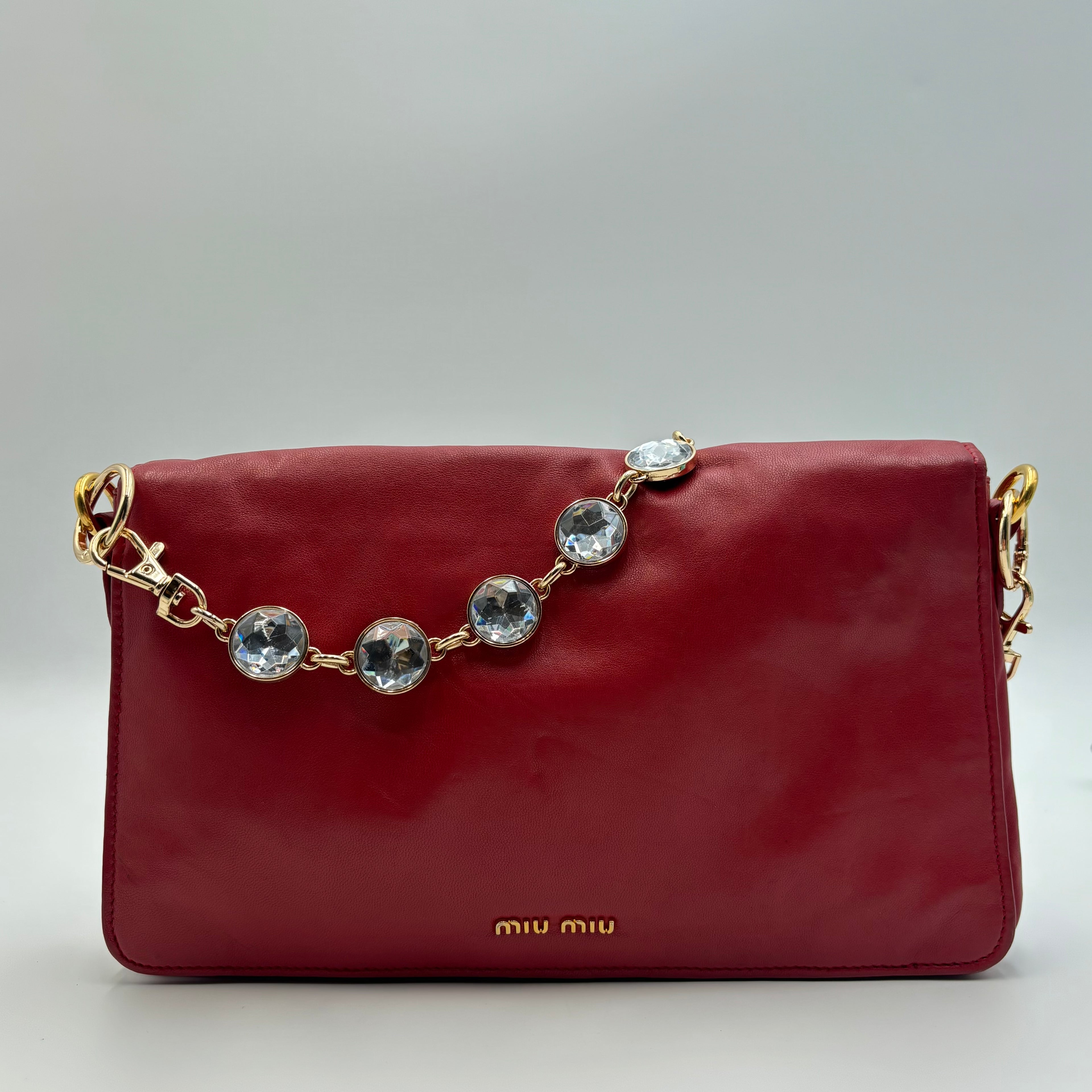 Miu Miu Vitello Lux Red Leather Crystal Chain Clutch Shoulder Bag