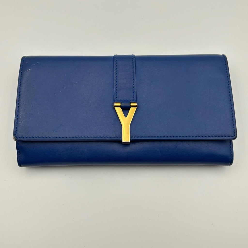 Saint Laurent Y-Chic Authentic Royal Blue Leather Zip Wallet On Chain