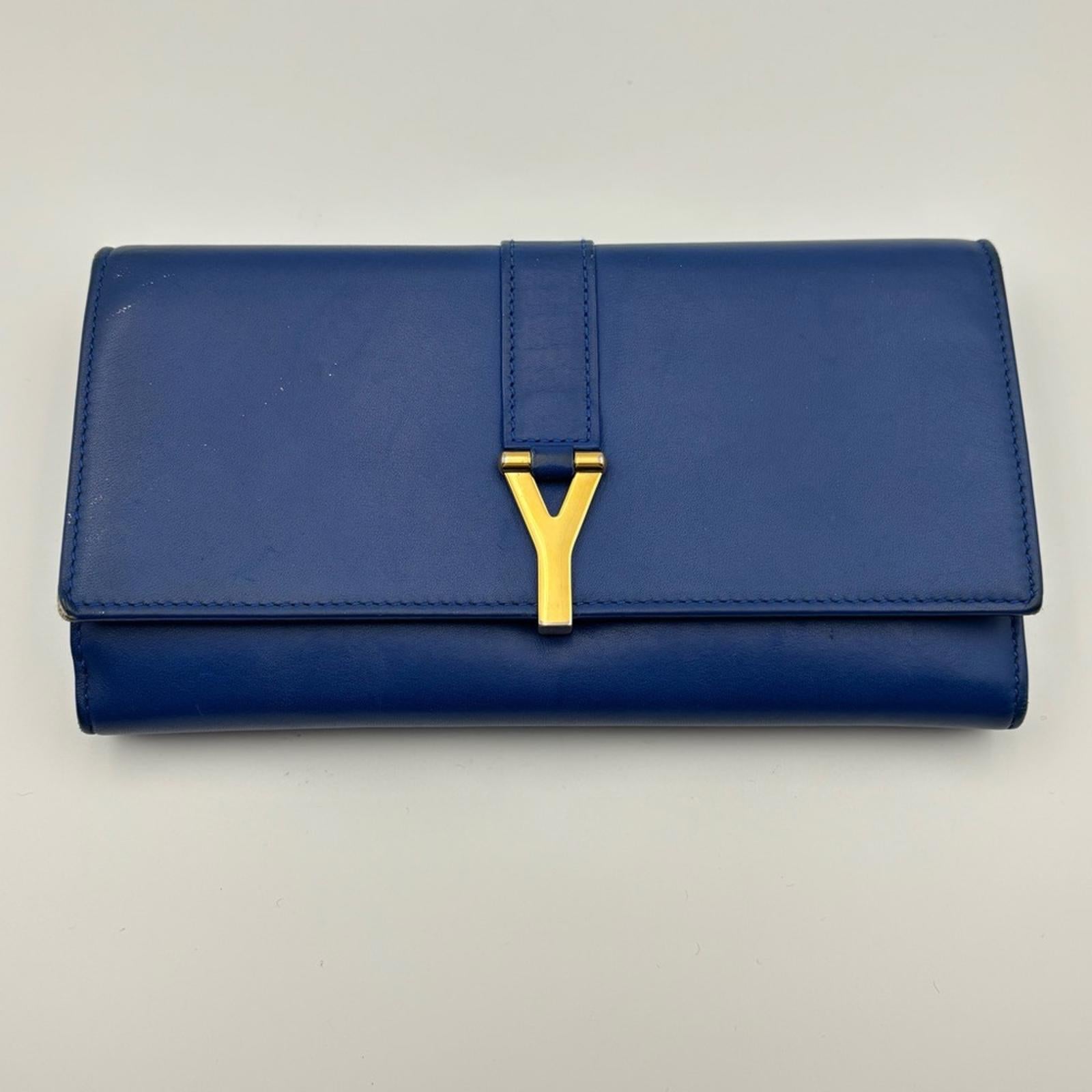 Saint Laurent Y-Chic Authentic Royal Blue Leather Zip Wallet On Chain