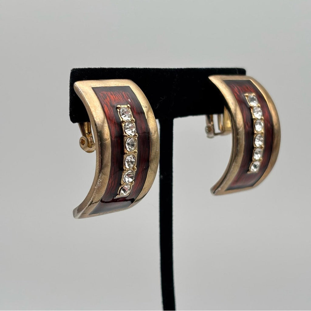 Vintage Gold-Tone Enamel Rhinestone Clip-On Earrings