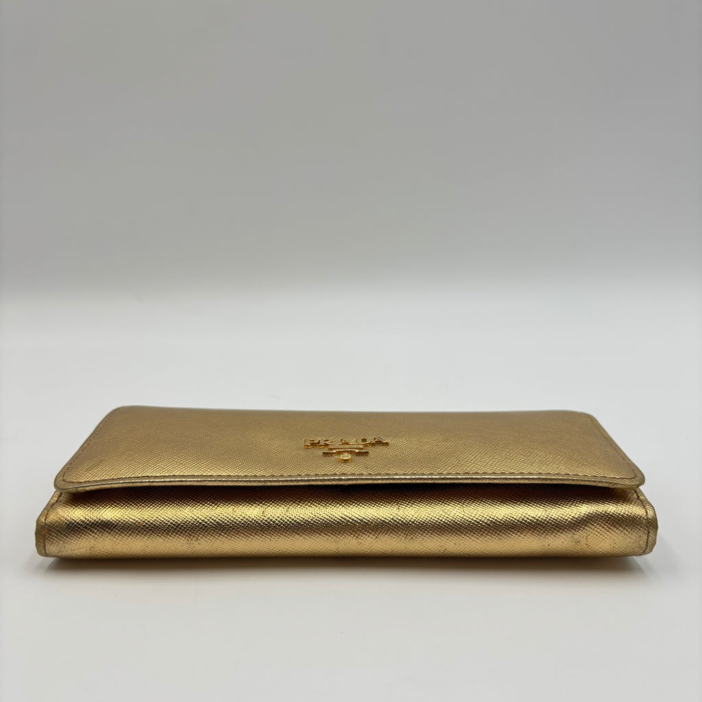 Prada Metallic Gold Saffiano Leather Continental Wallet