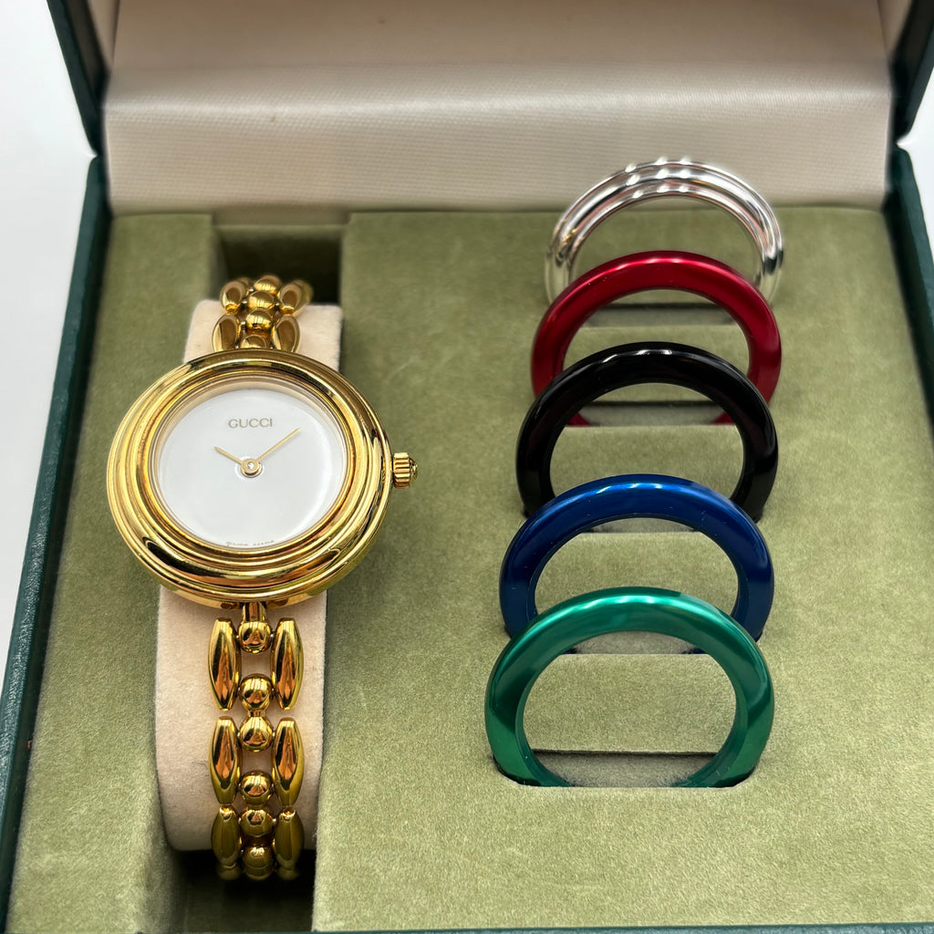 Gucci 11/12.2 Interchangeable Bezel Gold-Plated Watch Set, c. 1990s