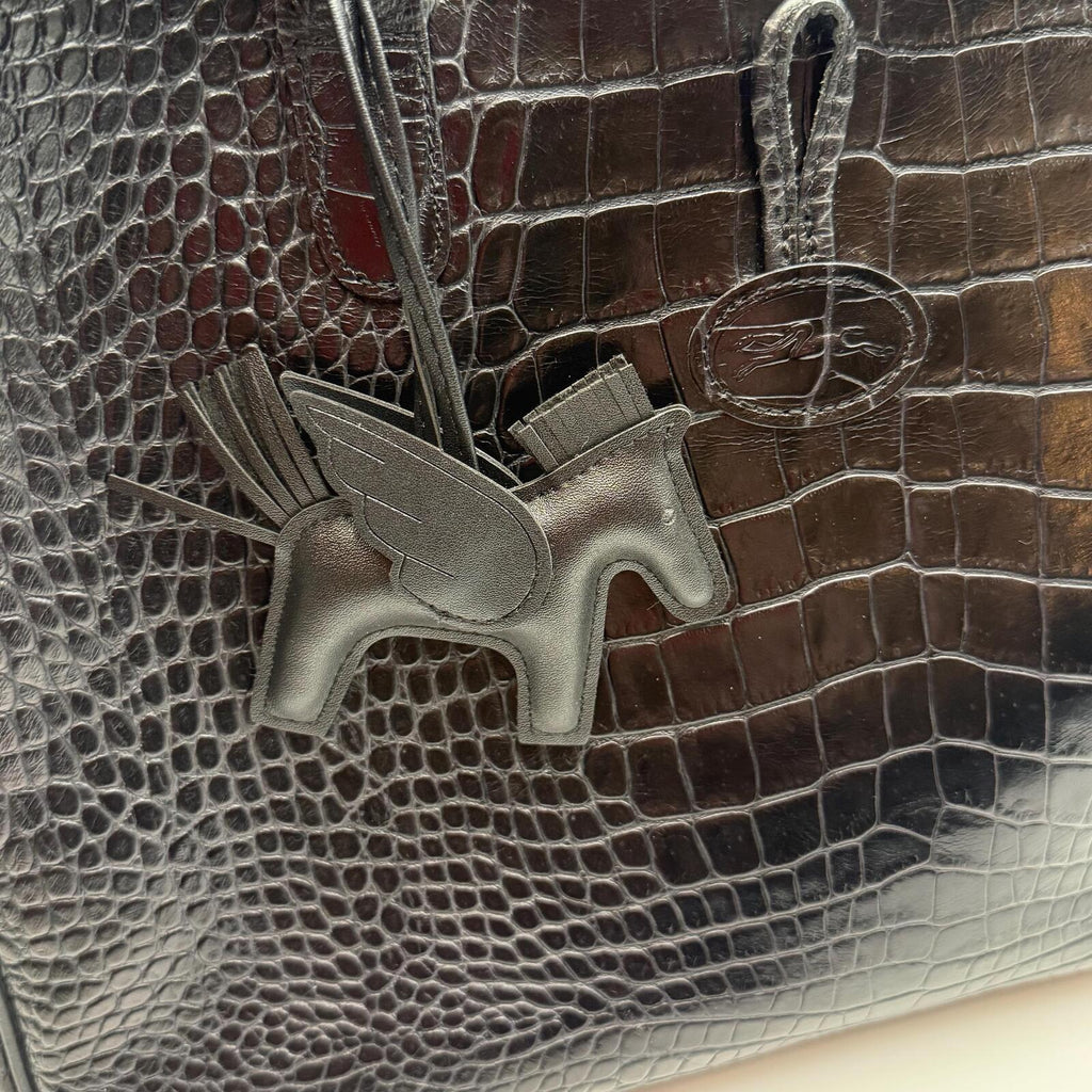 Longchamp Black Crocodile Embossed Roseau Tote