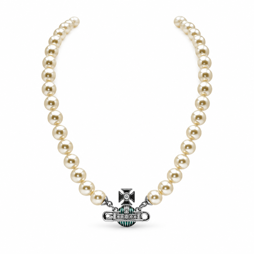 Vivienne Westwood Kitty Pearl Orb Necklace in Silver Tone with Green Enamel