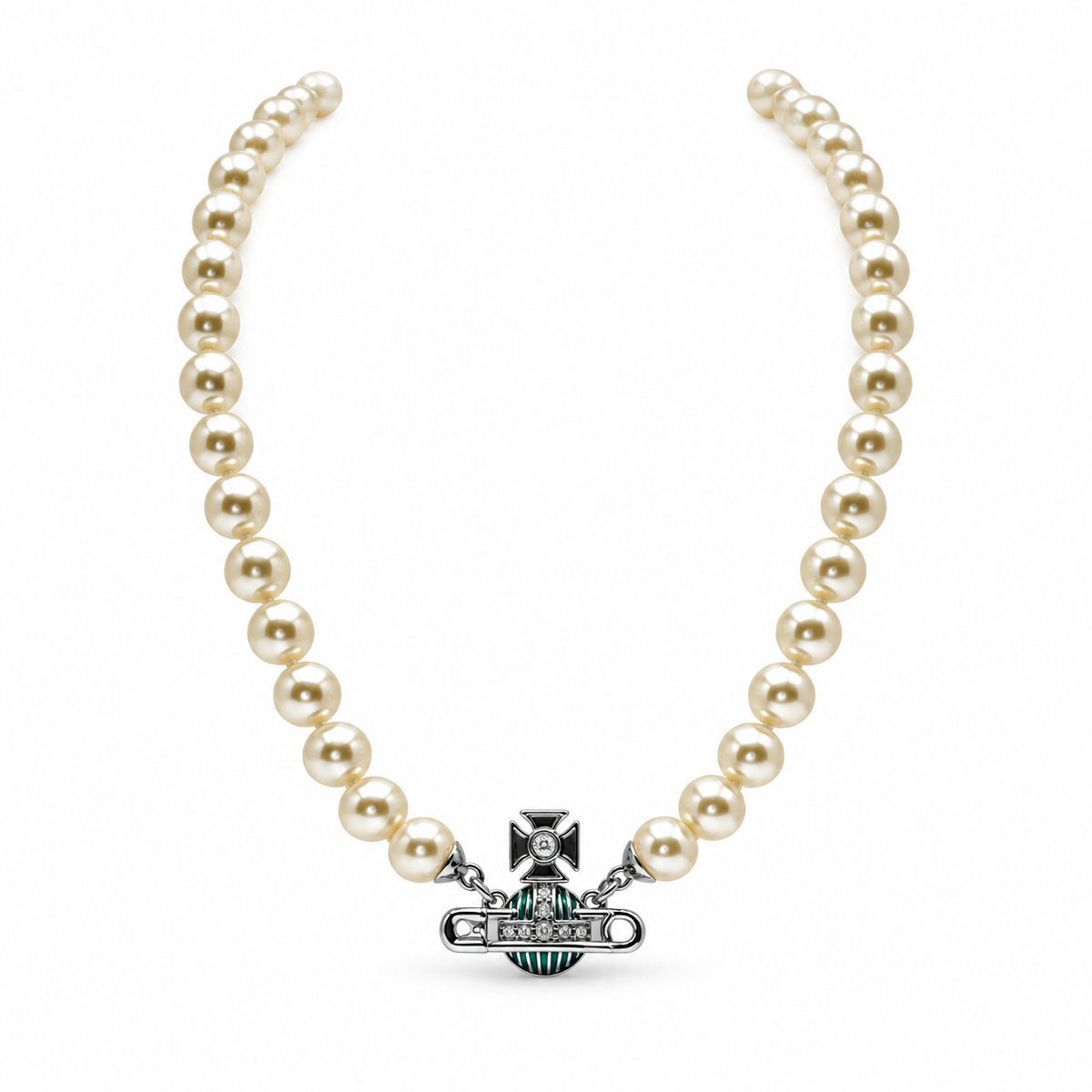 Vivienne Westwood Kitty Pearl Orb Necklace in Silver Tone with Green Enamel