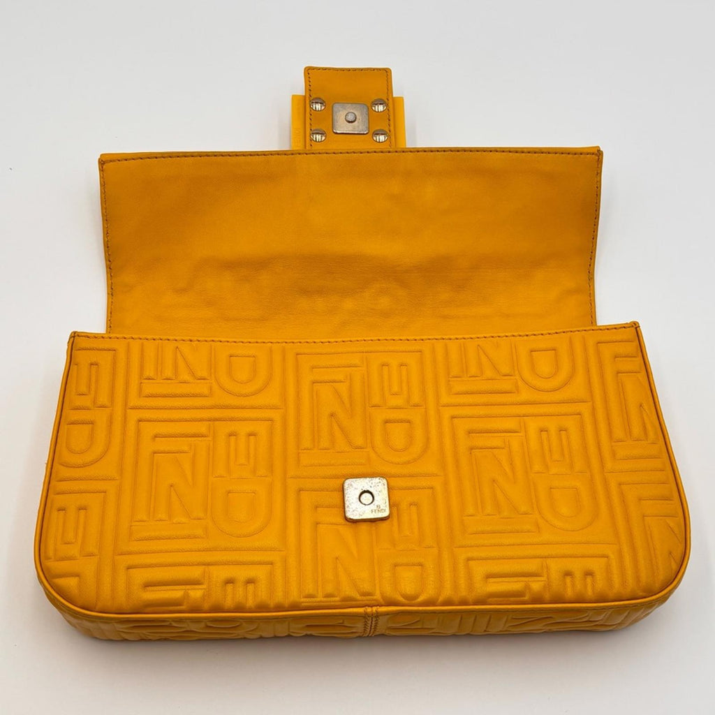 Fendi Yellow Embossed Zucca Leather Baguette Shoulder Bag Silver Hardware