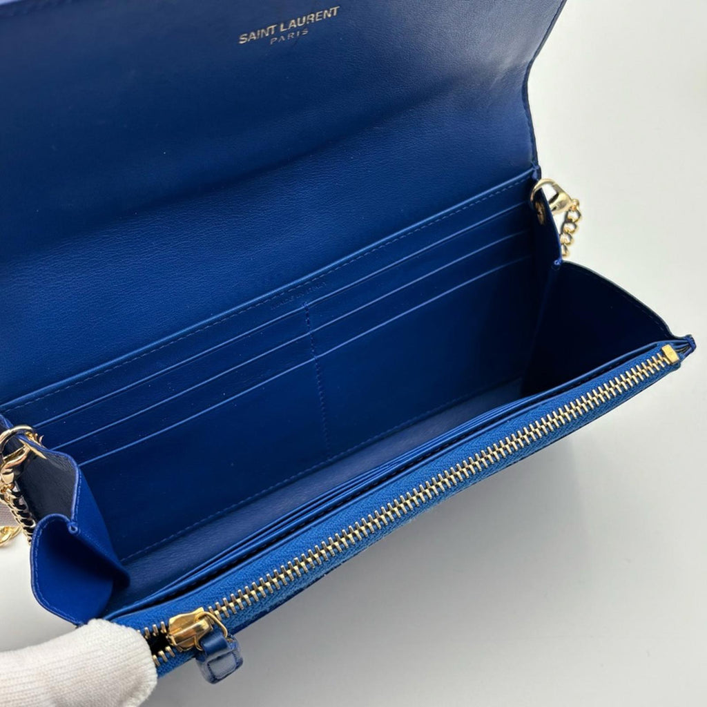 Saint Laurent Y-Chic Authentic Royal Blue Leather Zip Wallet On Chain