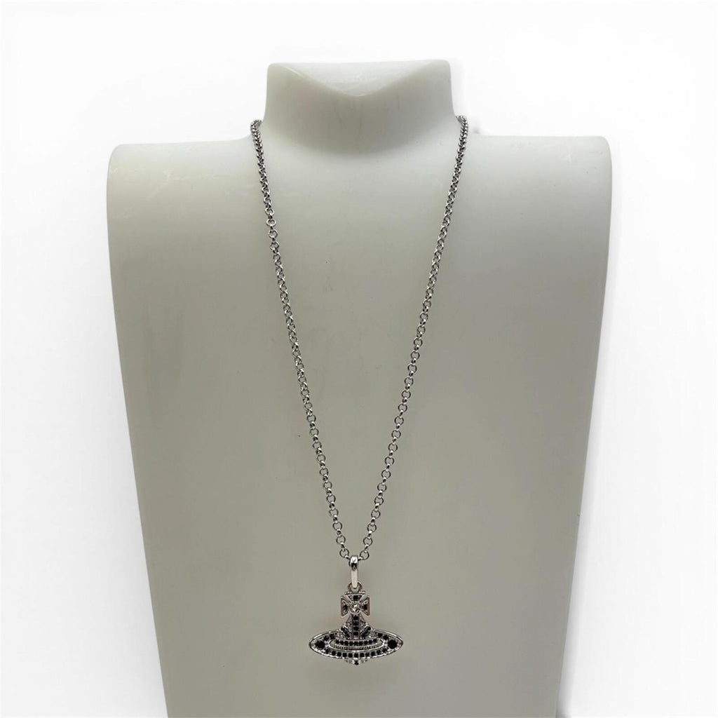 Vivienne Westwood Small Orb Bas Relief Pendant Necklace Black White Crystal