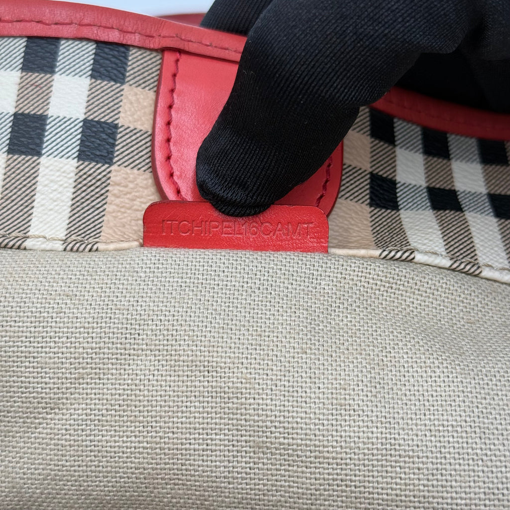 Burberry Haymarket Check Large Shopper Tote with Red Leather Trim