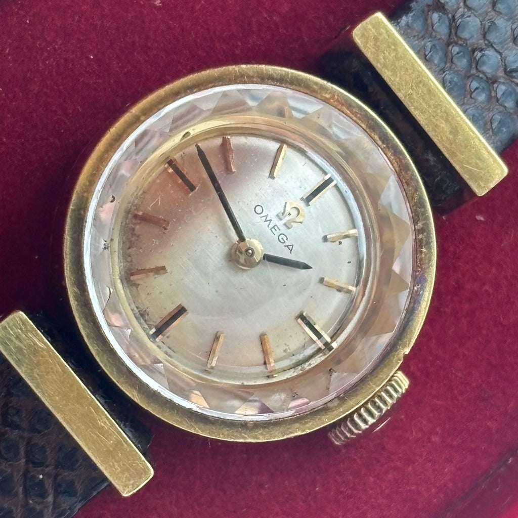 Omega Ladies Saphette 18K Gold Faceted Crystal Watch 1960s