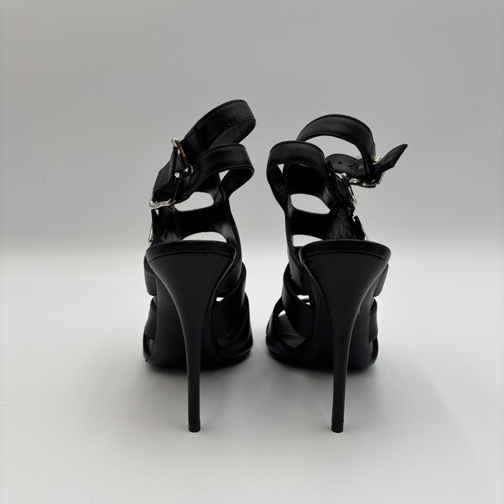 Balmain Black Leather Multi-Buckle Gladiator Heels
