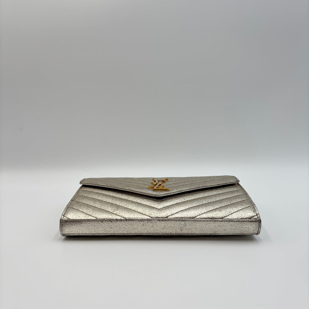 Saint Laurent Metallic Gold Matelassé Chevron Monogram Chain Wallet