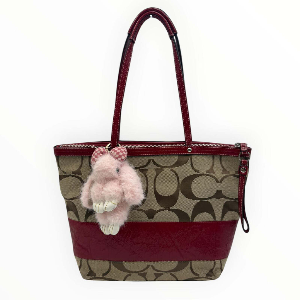 Coach Signature Jacquard Burgundy Leather Tote Bag by Coach