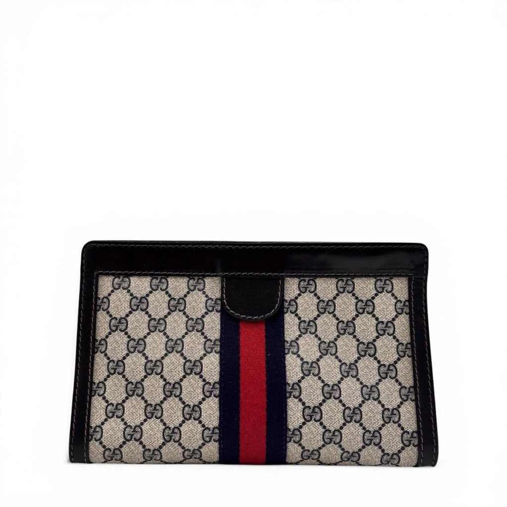 Gucci Vintage GG Supreme Web Clutch Pouch Bag Navy Red