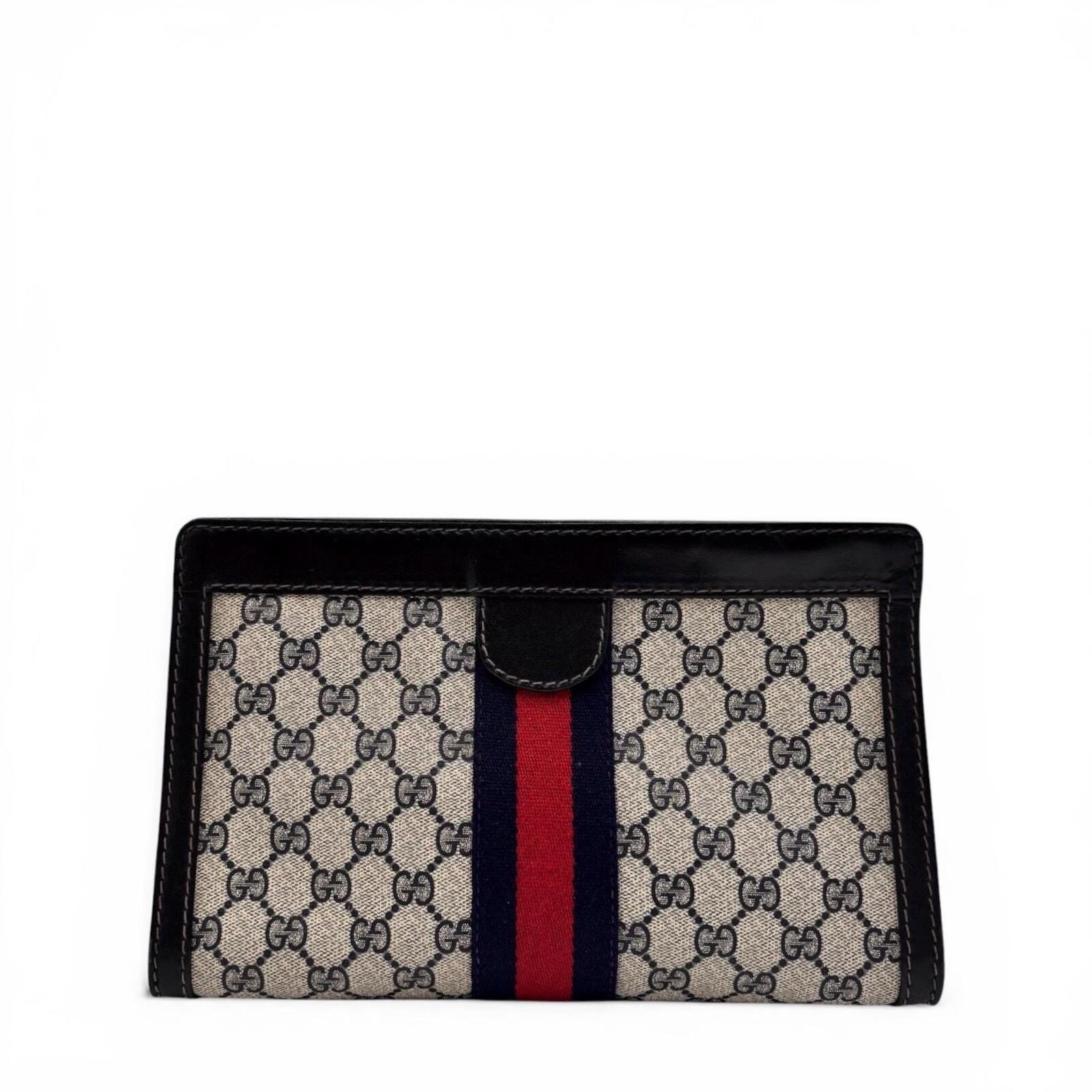 Gucci Vintage GG Supreme Web Clutch Pouch Bag Navy Red