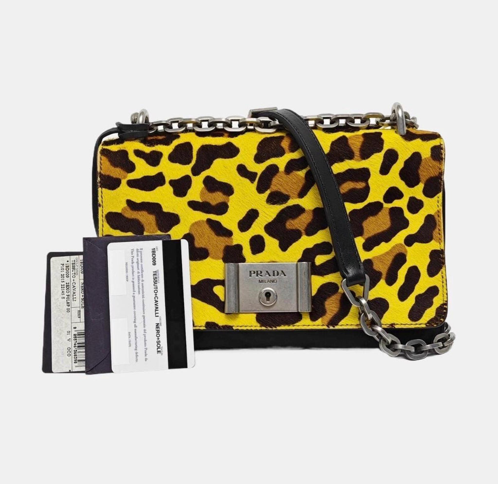 Prada Cahier Leopard Calf Hair Chain Shoulder BagYellowBlack