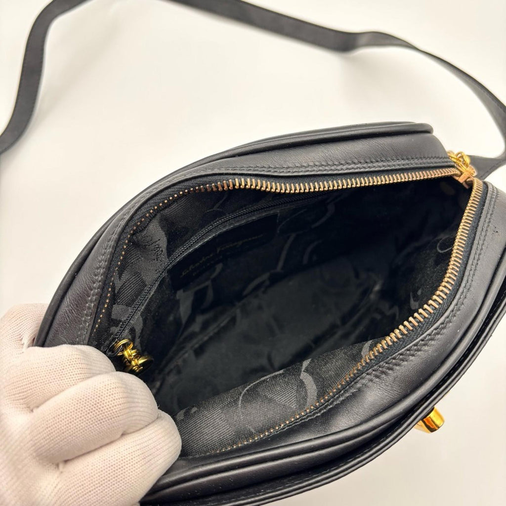 Salvatore Ferragamo Black Leather Crossbody Bag – Gold Gancini Hardware