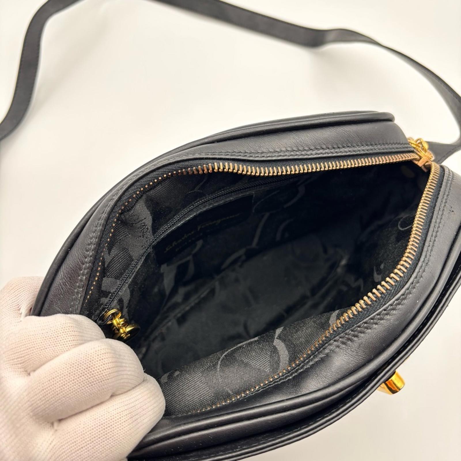 Salvatore Ferragamo Black Leather Crossbody Bag – Gold Gancini Hardware