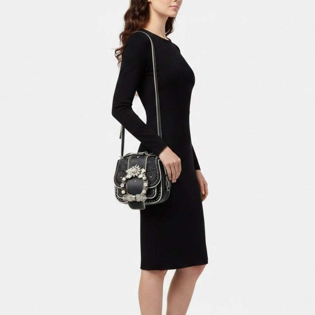 Miu Miu Dahlia Jeweled Buckle Studded Leather Crossbody Bag