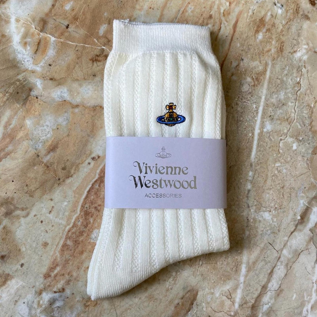 VIVIENNE WESTWOOD ORB EMBROIDERED SOCKS — CREAM | FULL PACKAGING