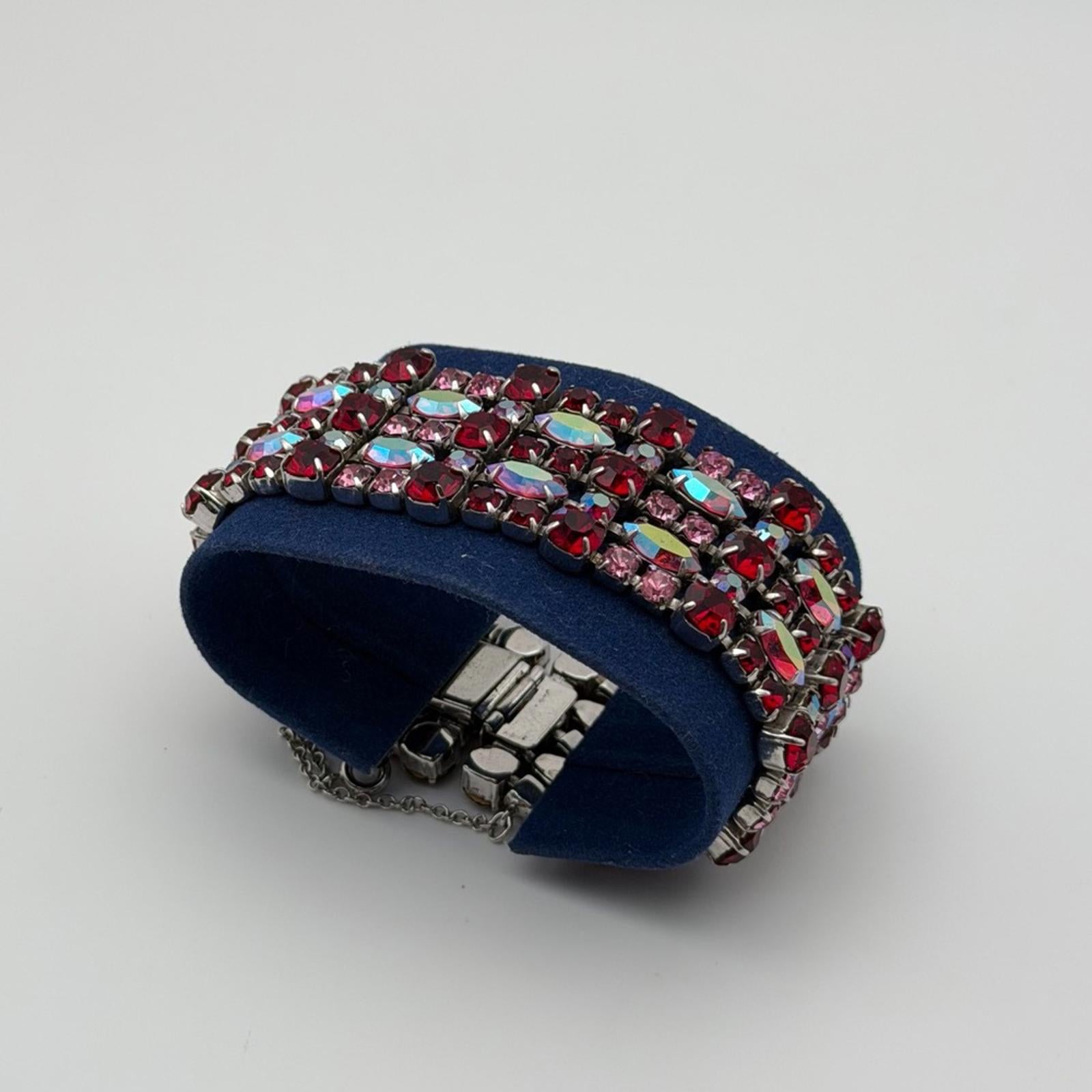 Vintage Sherman Red & Pink Aurora Borealis Rhinestone Wide Bracelet – Signed