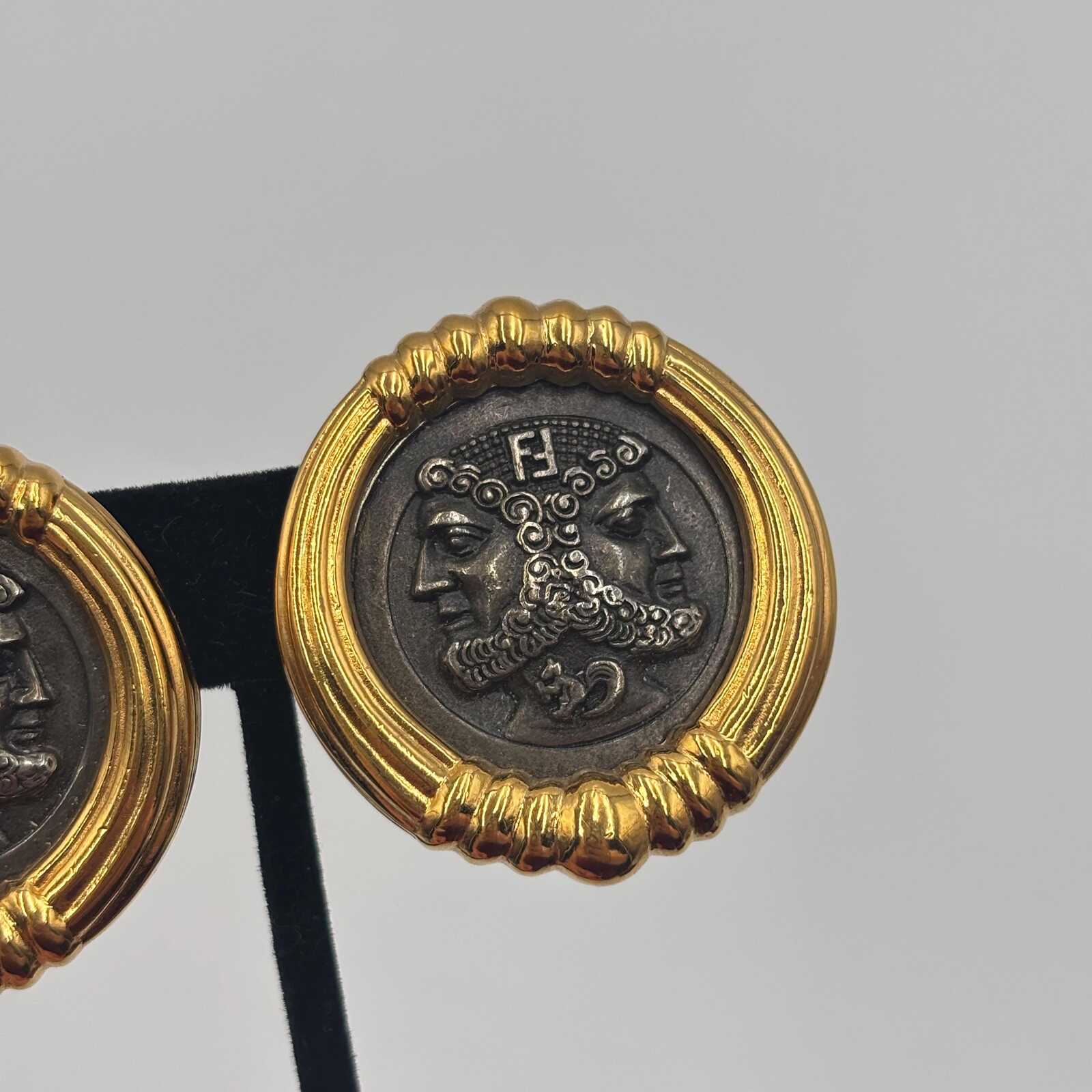 Fendi Janus Coin Clip On Earrings Gold Tone